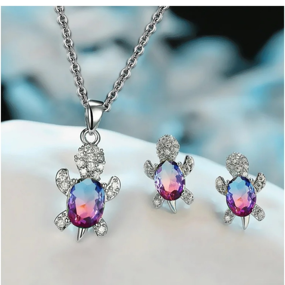 TURTLES Crystal Bling Pink & Purple 3 pc Silver Necklace and Earring Set… - Picture 2 of 5